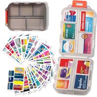 Pill Organizer with Medicine Labels Travel Daily Pill Container Mini Medication Organizer Storage Pill Organizer Travel Essentials Pill Case 7 Day Pill Organizer (Grey & 146 Lables)