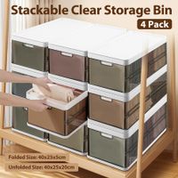 4pcs Storage Boxes Bins Plastic Stackable Clear Shoe Containers Wardrobe for Handbag Clothes Foldable Organiser with Lids Partitions