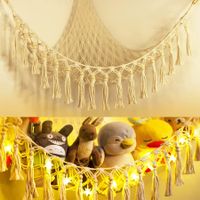 Stuffed Animal Toy Storage Hammock with LED Light - Macrame Jumbo Doll Room Corner Organizer Mesh Decorations - Hanging Storage Nets Kids Bedroom (Beige)