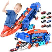 Track Car Toy, Transforms into Stomping Dragon with Ultimate Transporter Hauler Race Track, Toys for 4, 5, 6 Year Old Boys (Random 8 Cars)