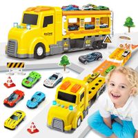 Transporter Truck with Eject Race Track, Car Transporter Truck with 6 Cars, Gift for Kids,(Yellow)