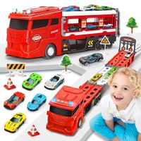 Transporter Truck with Eject Race Track, Car Transporter Truck with 6 Cars, Gift for Kids,(Red)