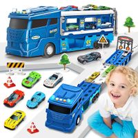 Transporter Truck with Eject Race Track, Car Transporter Truck with 6 Cars, Gift for Kids,(Blue)