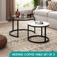 2 Round Coffee Table Set Nesting Bedside Sofa End Tea Nightstand Lounge Lamp Modern Black White Faux Marble Glass Top