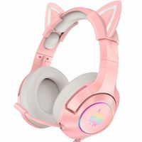 Girl Gaming Headset for PS4, PS5,   One(No Adapter), Wired Over Ear Headphones with Detachable Cat Ears, Noise Cancelling Microphone, RGB Backlight, Surround Sound for PC Pink