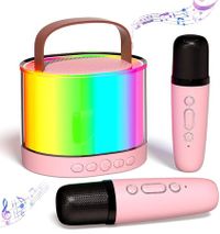 Karaoke Machine for Kids, Mini Portable Bluetooth Karaoke Speaker with 2 Wireless Mics & Light for Home Party(Pink)