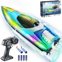 15+ MPH RC Boat with LED Lights Fast Remote Control Speed Boat for Pool and Lake 2.4GHz Race Boat for Teens Outdoor Water Sports in Green and Blue