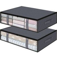 2 PCS Gray Bins Clothes Foldable Blanket Bags Under Bed Space-Saving Durable Stackable Easy Access Compact Organizer Containers