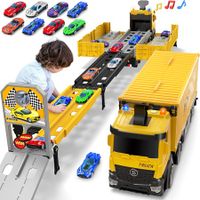 Carrier Truck Race Track Toddlers Toys,Foldable 3 Layer Car Race Track Playset,Toy Truck Transport Car Carrier & 8 Race Cars,Truck Car Kids Toys Xmas Gifts for Age 3+ (Yellow)