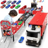 Carrier Truck Race Track Toddlers Toys,Foldable 3 Layer Car Race Track Playset,Toy Truck Transport Car Carrier & 8 Race Cars,Truck Car Kids Toys Xmas Gifts for Age 3+ Years Old Boys Girls (Red)