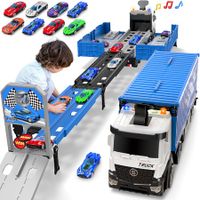 Carrier Truck Race Track Toddlers Toys,Foldable 3 Layer Car Race Track Playset,Toy Truck Transport Car Carrier & 8 Race Cars,Truck Car Kids Toys Xmas Gifts for Age 3+ Years Old Boys Girls (Blue)