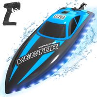 2.4Ghz RC Boat 30KMH Fast with Lights for Pools and Lakes with 2 Rechargeable Batteries Toys Gifts Color Blue