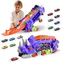 Transformed Truck Toys for Kids 3-8 Years Old, Transforms into Triceratops with Race Track Set, City  Transporter Hauler with 8 Random Cars, Birthday Gifts Toys, Purple