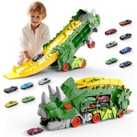 Transformed Truck Toys for Kids 3-8 Years Old, Transforms into Triceratops with Race Track Set, City  Transporter Hauler with 8 Random Cars, Birthday Gifts Toys, Green