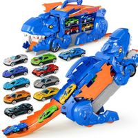 Transformed Truck Toy with 12 Mini Random Racing Cars, Dino Transport Car with Wings and Handle for Kids, Birthday Gift for  4 5 6 7 Year Old Boys Girls (Blue), 1 Pack