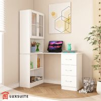 3in1 Computer Laptop Desk and Bookshelf Bookcase Study Table Office Writing Shelving Drawers Cabinets White