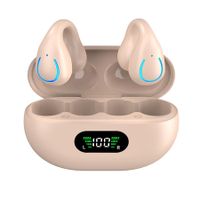 Wireless Clip On Earbuds with Digital Display Charging Case, Bluetooth 5.3 Sport Earphones Built-in Mic IPX7 Waterproof for Running（Khaki Color）