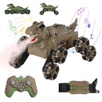 Remote Control Dino Stunt Car 2.4G Hz Gesture Sensing RC Car,8 WD Rotation RC Stunt Car with Lights and Music for Kids 6+ Ages(Brown)