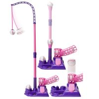 3-in-1 Baseball Set for Kids,Height Adjustable Tee Ball Set with 6 Softballs,T Ball Stand, Hanging Tee,Auto Ball Launcher,Retractable Bat,Indoor Outdoor Sport Toys for Boys Girls Age3+,Pink