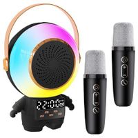 Portable Mini Kids Karaoke Machine Bluetooth Speaker with LED Clock and 2 Wireless Microphones(Black)