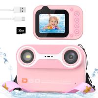 Kids Waterproof Digital Camera Underwater Camera for Snorkeling and Diving with 2.4In IPS Display USB Rechargeable Digital Camera for Videos and Photos with 32GB Card Pink