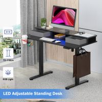 Electric Standing Desk Computer Sit Stand Up Table Height Adjustable LED RGB Light Storage Drawers Motorised Monitor Shelf Black