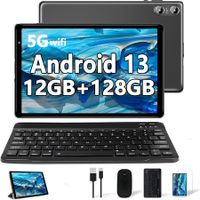 Tablet 10.1 Inch Android 13 PC 12GB 128GB Octa-Core 2.0 GHz 5G WiFi HD Screen Dual Camera Bluetooth 5.0 Keyboard Mouse Included Grey