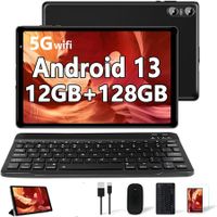 Tablet 10.1 Inch Android 13 PC with 12G 128 GB Support Octa-Core 2.0 GHz 5G WiFi Dual Camera Bluetooth 5.0 HD Screen Tablet with Keyboard Mouse-Black