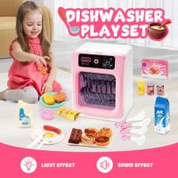 Kids Dishwasher Toy Pretend Play Kitchen Appliance Sensory Game Playset Mini Washer Cleaner Washing Dish Utensil Toys with Light Sound Timer