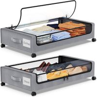 Under Bed Storage with Wheels,2Pack Under Bed Storage Containers,Under Bed Shoe Storage Organizer with Clear Window&Label,Rolling Under Bed Storage Metal Drawer