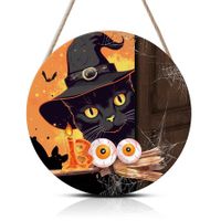 Halloween Welcome Front Door Signs Black Cat Sign Bat Wooden Plaques Spiderweb Witch Hat Wood Hanger Pumpkins Party for Doors Decor