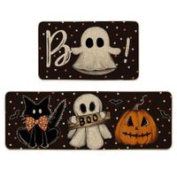 Ghost Pumpkin Cat Boo Orange Halloween Kitchen Mats Set of 2,Black Home Decor Low-Profile Kitchen Rugs for Floor(50*80-50*120CM)