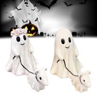 Halloween Ghost Walking Dog Statue,Ghost Walking His Ghost Dog Halloween Figurine Fall Decorations for Spooky Home Tabletop Decor 2pc