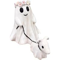 New Halloween Ghost Walking Dog Statue - Spooky Ghost Dog Figurine,Indoor Decor,Ghost Walking His Ghost Dog,Perfect for Home and Garden Tabletop Decorations (Flower Crown,25cm-Medium)