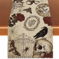 Halloween Table Runner Halloween Gothic Skull Tablecloth Day of The Dead Roses Skull Decor Halloween Decorations for Home Kitchen Table-33*183CM