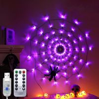 Halloween 12m 70 LED Spider Web Lights with 30cm Spider USB Power Remote Control for Room Porch Window Yard Outdoor Decoration Color Purple