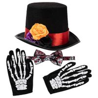 4 Pcs Halloween Day of the Dead Costume Accessories Set for Men Including 1 Pair of Skeleton Gloves, 1 Men’s Hat and 1 Bow Tie for Halloween Cosplay Party