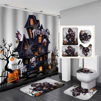 Halloween Shower Curtain Sets with Non Slip Rugs, Toilet Lid Cover and Bath Mat, Haunted House Pumpkin Shower Curtains with 12 Hooks