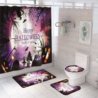 Halloween Shower Curtain Sets with Non Slip Rugs, Toilet Lid Cover and Bath Mat, Moon Castle Decoration WaterProof 71 x 71 inch