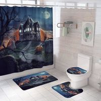 Halloween Shower Curtain Sets with Non Slip Rugs, Toilet Lid Cover and Bath Mat, Moon Castle Decoration WaterProof 71 x 71 inch