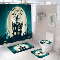 Halloween Shower Curtain Sets with Non Slip Rugs, Toilet Lid Cover and Bath Mat, Moon Castle Decoration WaterProof 71 x 71 inch