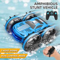 2 in 1 RC Stunt Car Boat Double Sided Car Amphibious for Kids, 2.4GHz 360 Degree Rotate All Terrains with LED Lights Control Watch (Blue)