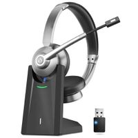 Wireless Bluetooth Headset with Microphone AI Noise Cancelling Wireless Headset with Mic Mute,Charging Base & USB Dongle for Work from Home/Call Center/PC/Laptop