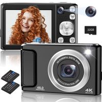 4K Digital Camera,48MP Autofocus Cameras,Vlogging Compact Camera with Front and Rear Camera,16X Zoom Protable Point and Shoot Cameras with 32GB SD Card,Anti-Shake,2 Batteries (Black)