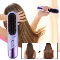 Portable Cordless Hair Straightener Brush USB Rechargeable Negative Ion Comb Color Purple