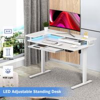 White Standing Desk Electric Sit Stand Up Table Height Adjustable LED RGB Light Computer Motorised Monitor Shelf Storage Drawer