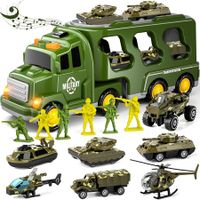 14 in 1 Green Truck Toys, Army Tanks Set with Soldier Men, Army Men Toys, Inertance Truck Toy with Lights and Sounds, Gifts for Kids Boys Ages 3+