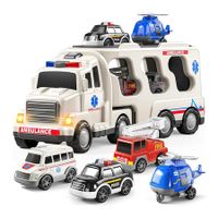 7 in 1 Emergency Rescue Vehicle Toddler Truck Toys, Friction Power Cars with Rescue Helicopter, Police Car, Fire Truck, Ambulance Car, Gifts for Kids Age 3-9