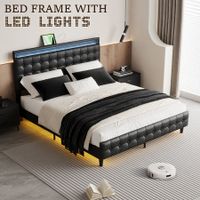 LED Bed Frame Double Size Mattress Base Wooden Platform Foundation with Headboard Bedhead Sleep Bedroom Furniture Upholstered Black PU Metal