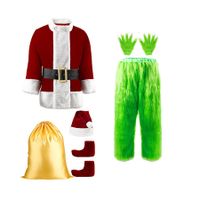 Set of 7 Men Woman Size 2XL Green Santa Costume Furry Santa Suit for Christmas Cosplay No Mask Included